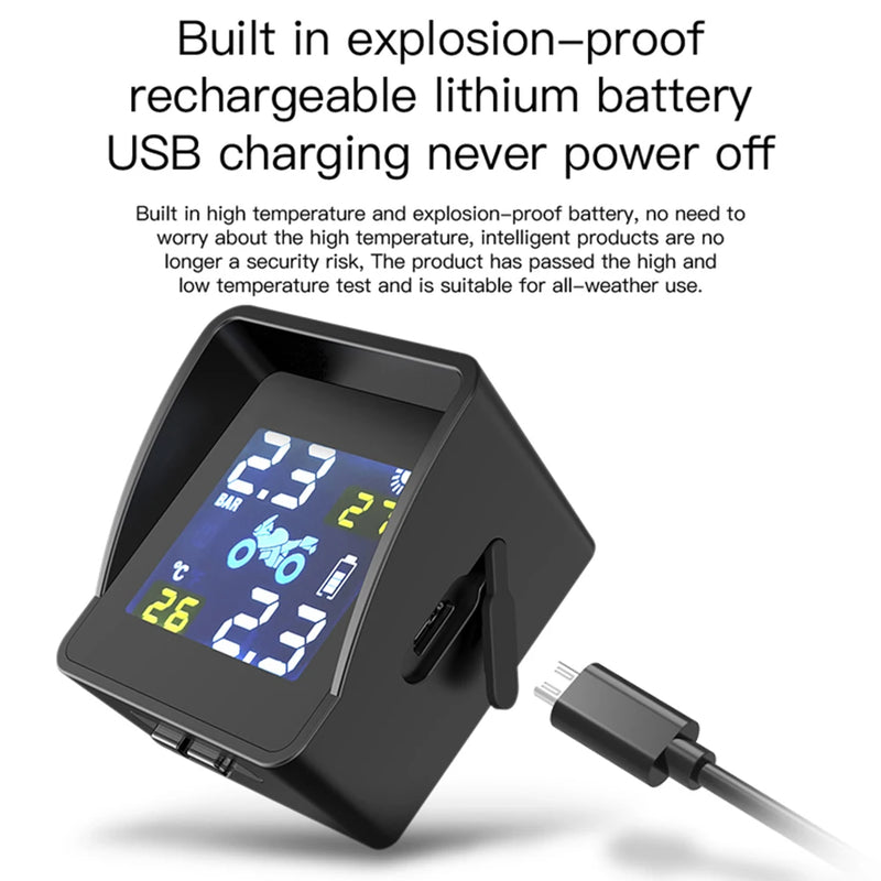 Sensori di pressione dei pneumatici ricarica solare LCD moto TPMS pressione dei pneumatici sistema di allarme per il monitoraggio della temperatura dei pneumatici con 2 sensori