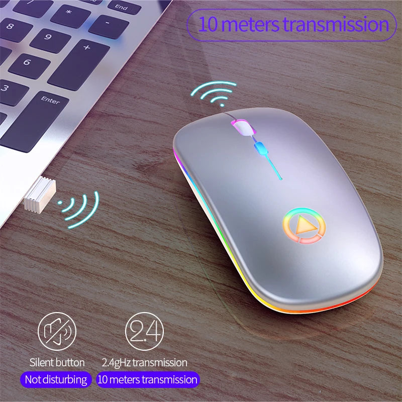 Mouse wireless ricaricabile silenzioso retroilluminato a LED Mouse PC Laptop Computer Mous Ricevitore 2.4Ghz Mouse ottici