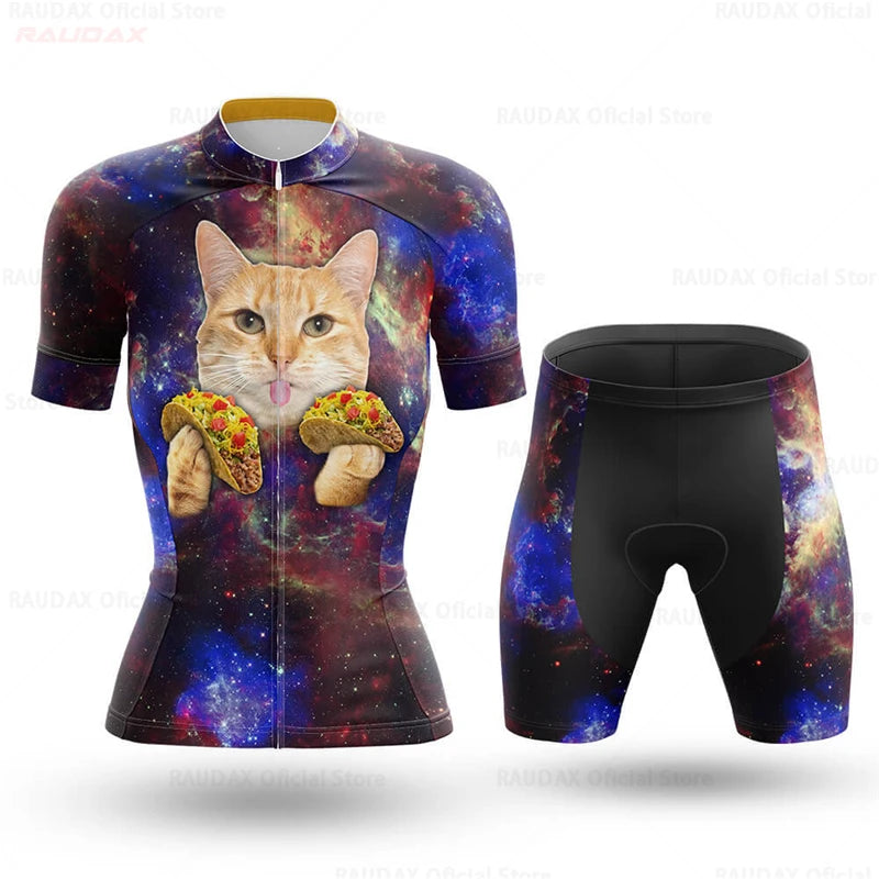 Set Maglia Ciclismo Donna Gatto Cartone Animato Divertente Estivo Abbigliamento Bici - immagine 3