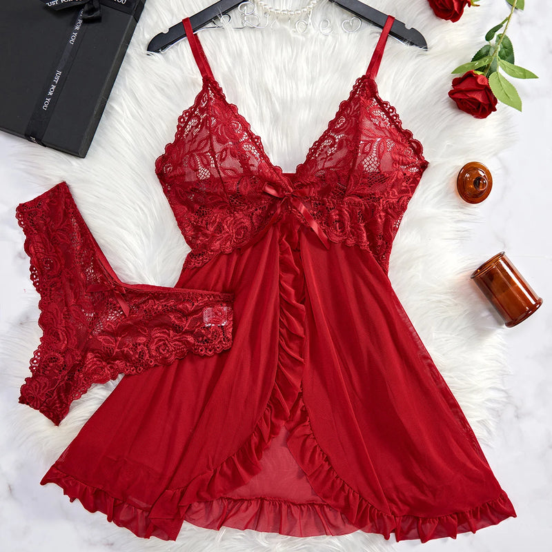 Abito intimo sexy estivo da donna in pizzo trasparente Camicia notte Indumenti Solido - Rosso S - immagine 25