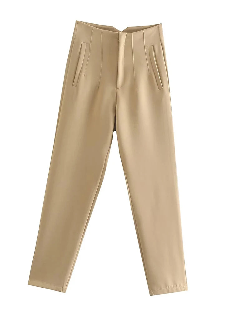 Pantaloni donna Willshela a vita alta con cerniera frontale, gamba dritta full length, stile vintage elegante e chic - Campeda