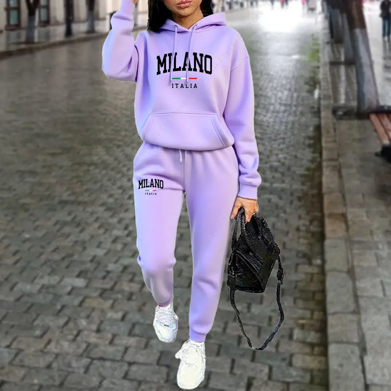 Tuta donna MILANO – set felpa con cappuccio e pantaloni jogging streetwear primavera, autunno inverno - Campeda
