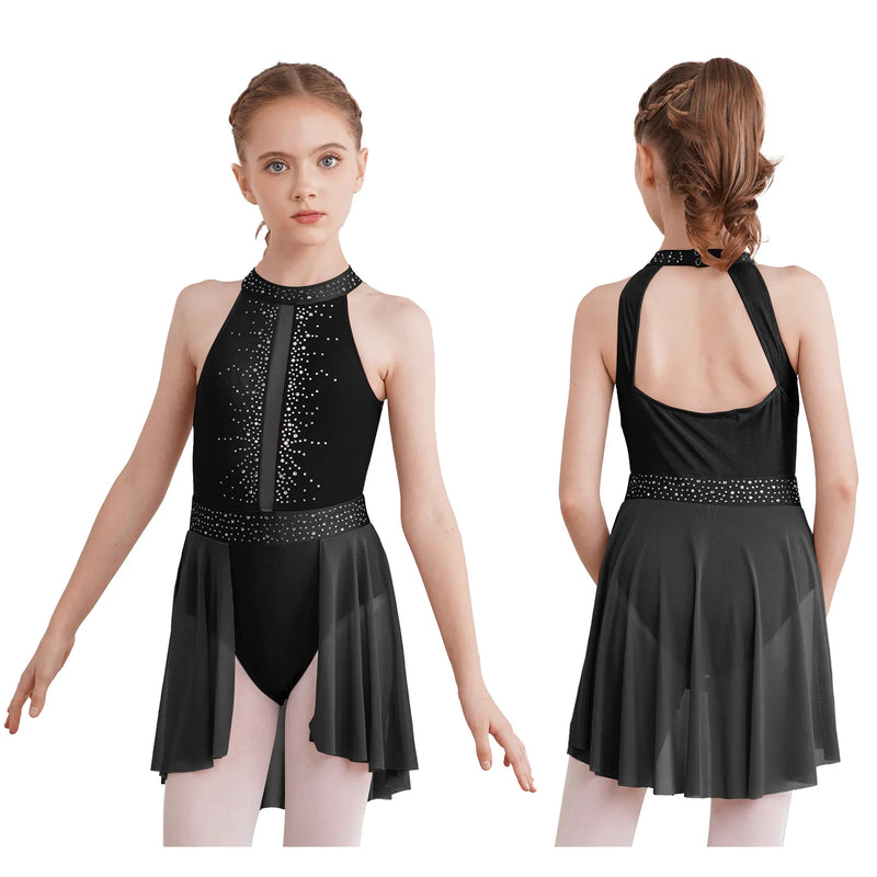 Vestito Danza Lirica Bambina con Strass – Body Balletto Elegante con Rete e Spacco Laterale