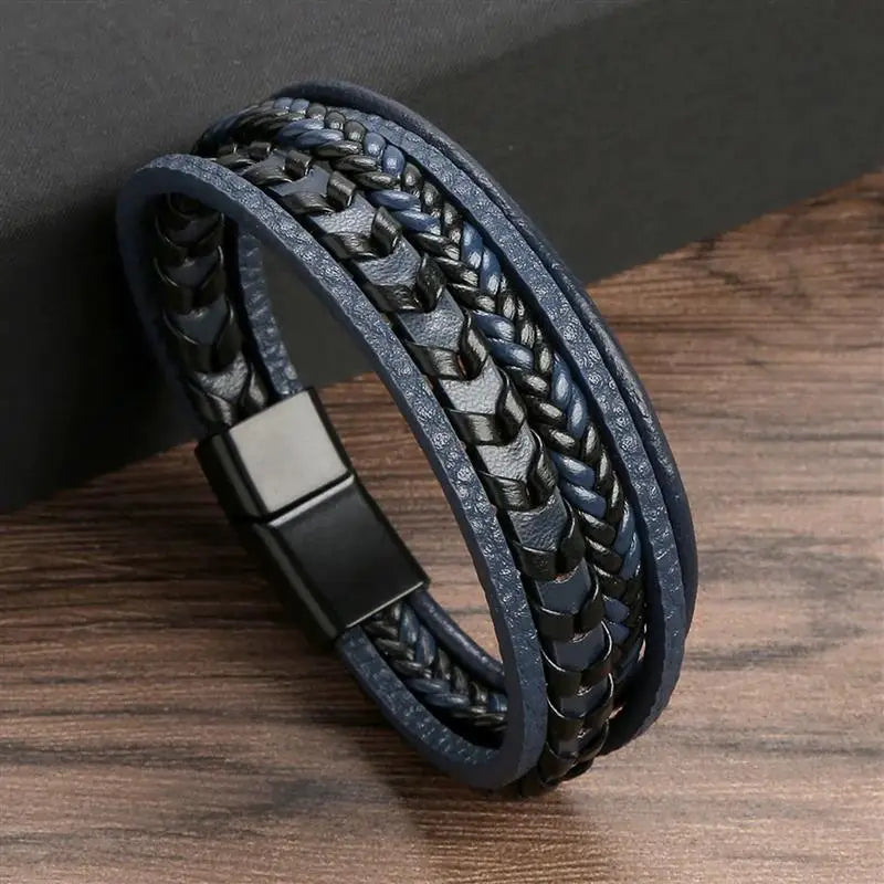 Braccialetti da uomo in pelle multistrato intrecciata con corda intrecciata alla moda Bracciale con magnete mentale punk per regali di gioielli con ciondoli per amici