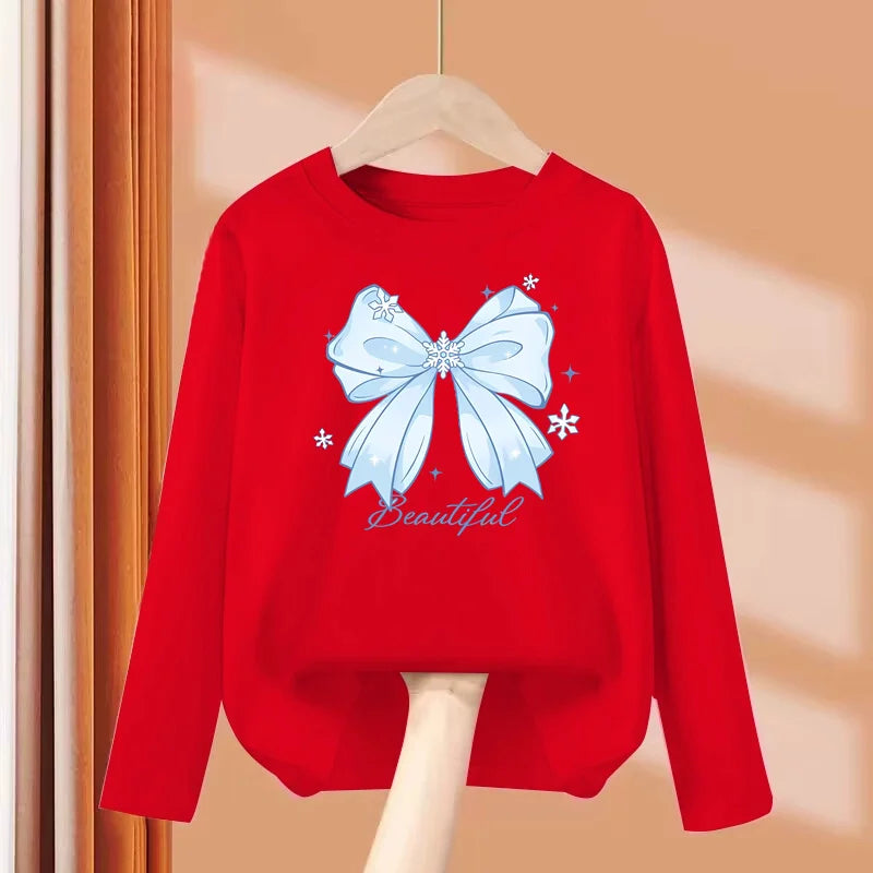 T-shirt con fiocco primaverile e autunnale per neonate Top in cotone a maniche - immagine 3