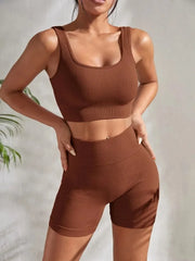 Set da yoga a costine senza cuciture allenamento per donna 2 pezzi Tute - immagine 10