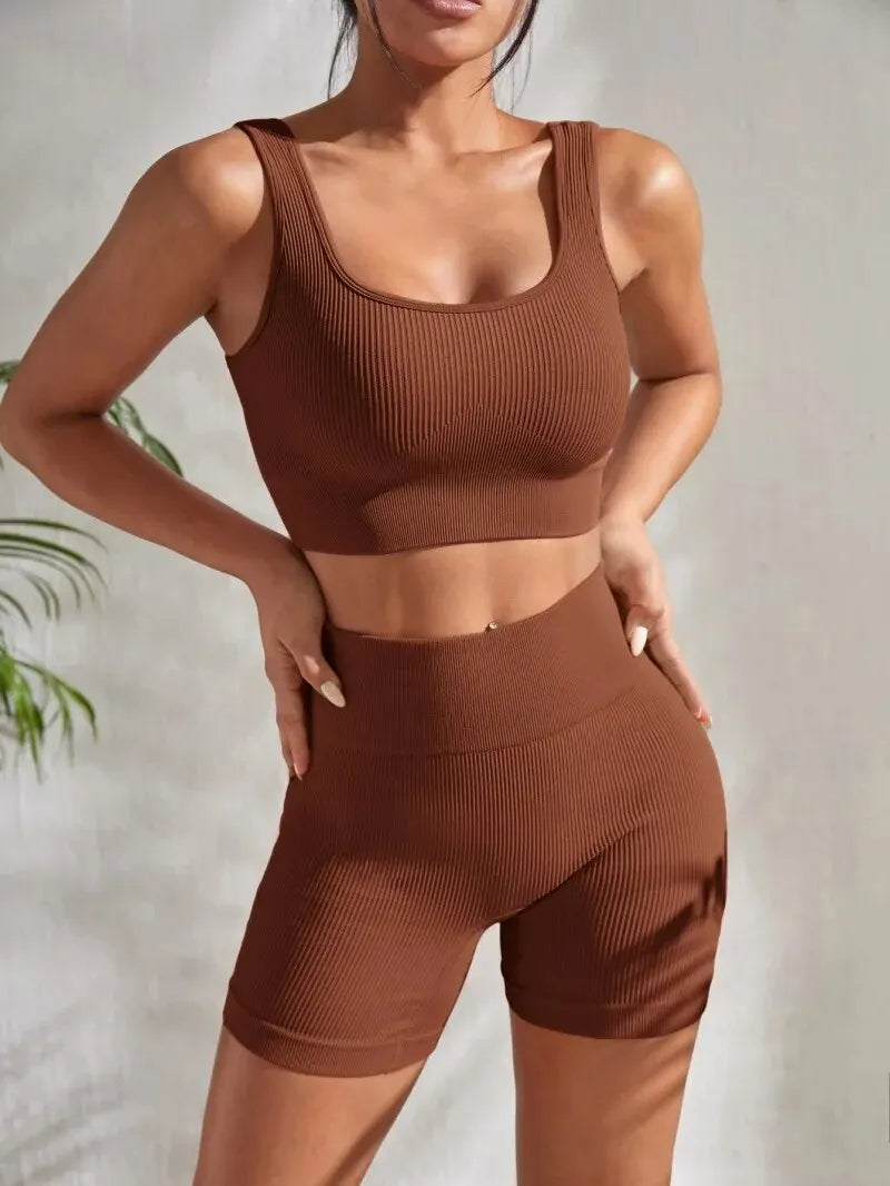 Set da yoga a costine senza cuciture allenamento per donna 2 pezzi Tute - BROWN S - immagine 10