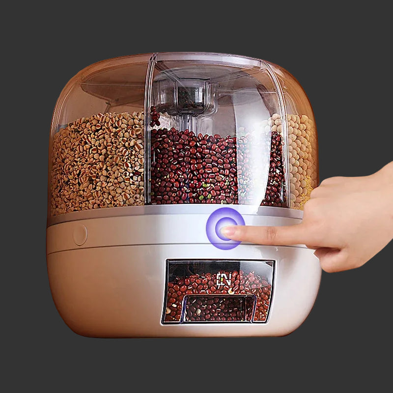 Dispenser Alimentare Rotante 360° a 6 Scomparti Contenitore ermetico da cucina per cereali, riso e alimenti secchi