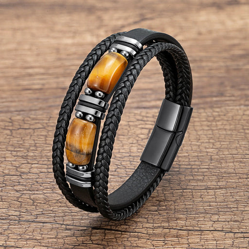 Nuovo braccialetto da uomo in pietra naturale occhio di tigre Bracciale intrecciato multistrato intrecciato a mano Gioielli in acciaio inossidabile - Campeda