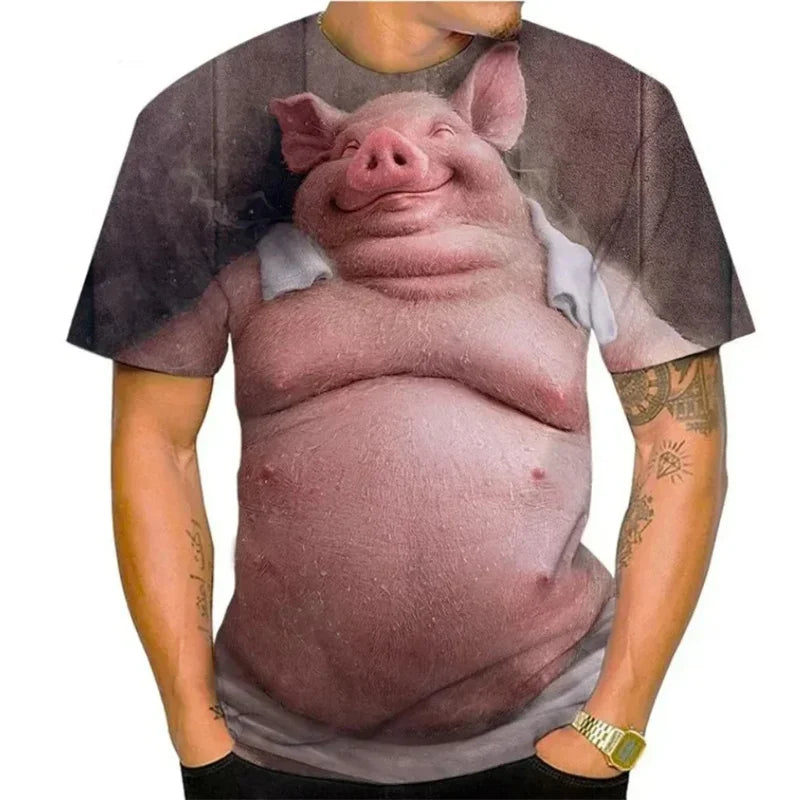 T-shirt con stampa 3D di maiale grasso da uomo T-shirt con grafica animale divertente Interesse estivo Moda Manica corta Top Street Kids T-shirt larghe