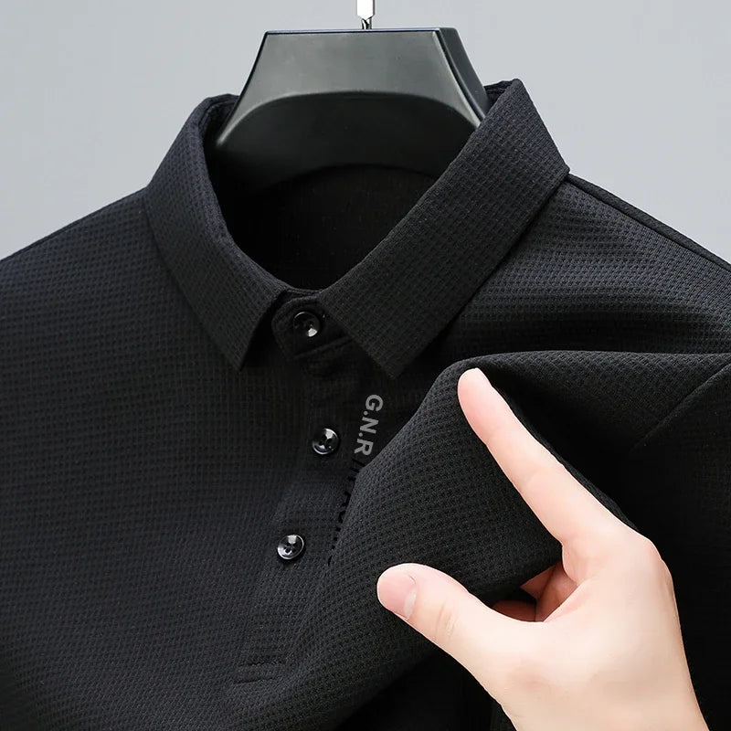 Polo da uomo a maniche lunghe Waffle – casual con risvolto, stampa lettere, anti-retrazione, quattro stagioni - Campeda
