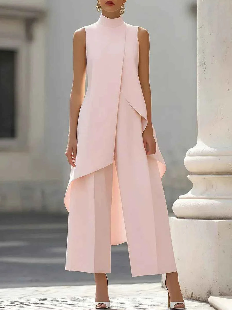 Sleeveless High Neck Jumpsuit With Asymmetric Draped Overlay Wide Leg Culottes Elegant Formal Evening Wear For Women