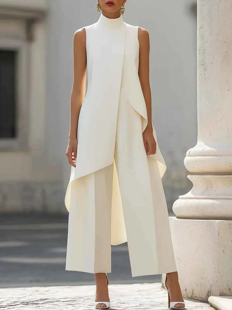 Sleeveless High Neck Jumpsuit With Asymmetric Draped Overlay Wide Leg Culottes Elegant Formal Evening Wear For Women