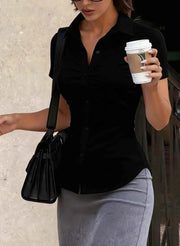 Women Ruched Short Sleeve Button Down Shirt Fitted Collared Blouse Top Casual Office Wear