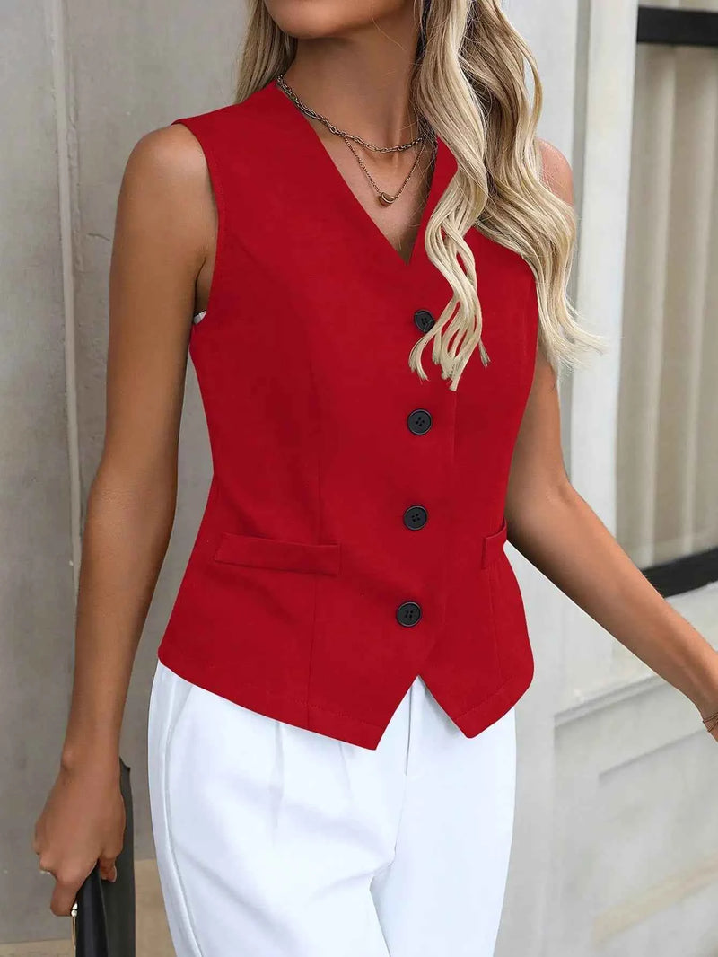 Women's V-Neck Sleeveless Blazer Vest - Formal Single Breasted Waistcoat with Pockets for Office & Casual Outfits