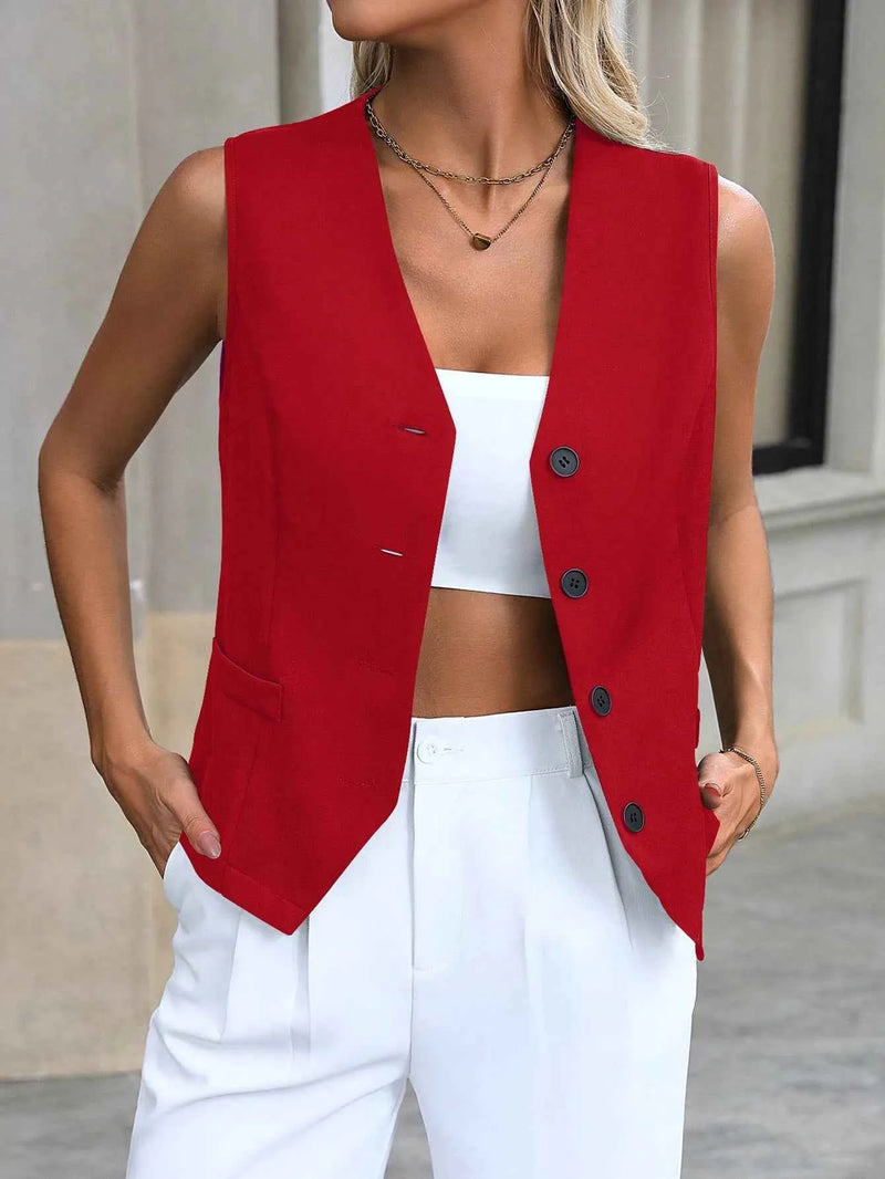 Women's V-Neck Sleeveless Blazer Vest - Formal Single Breasted Waistcoat with Pockets for Office & Casual Outfits