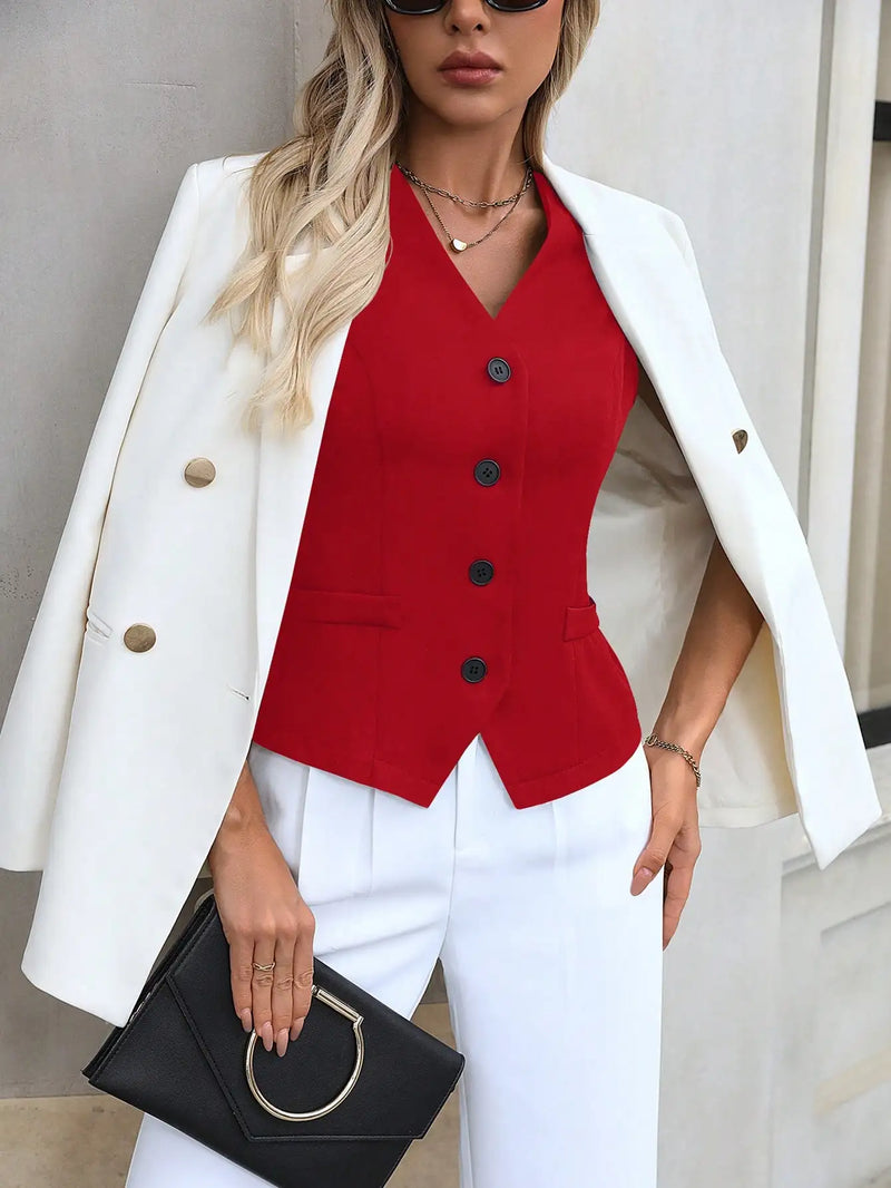 Women's V-Neck Sleeveless Blazer Vest - Formal Single Breasted Waistcoat with Pockets for Office & Casual Outfits