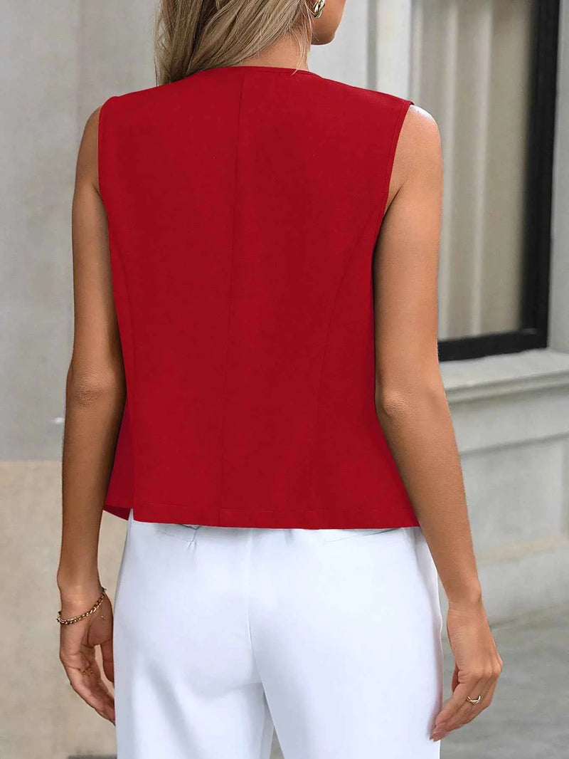 Women's V-Neck Sleeveless Blazer Vest - Formal Single Breasted Waistcoat with Pockets for Office & Casual Outfits