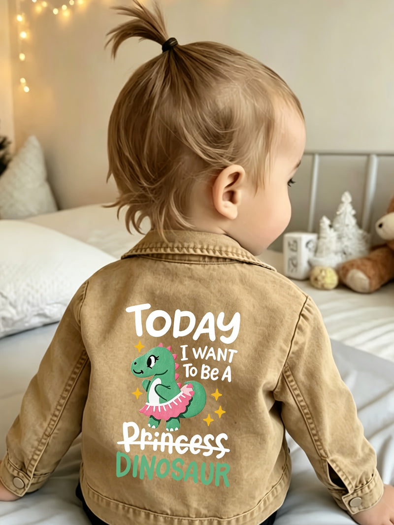 Giacca di jeans casual da bambina 1 pz, con stampa "Oggi voglio essere una principessa dinosauro" e principessa dinosauro cartone animato, giacca casual con risvolto, top di jeans