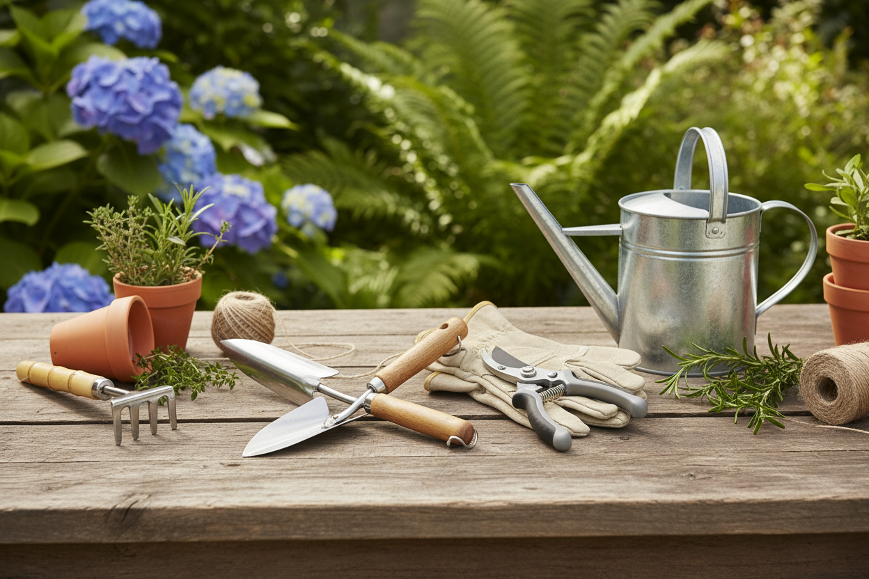attrezzi-da-giardino su un tavolo in giardino