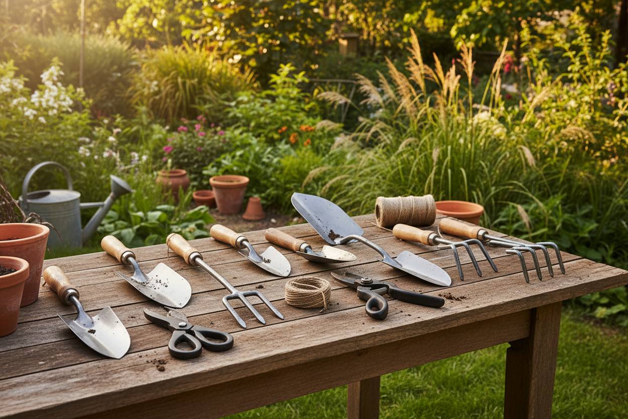 attrezzi-manuali-da-giardino su un tavolo in giardino