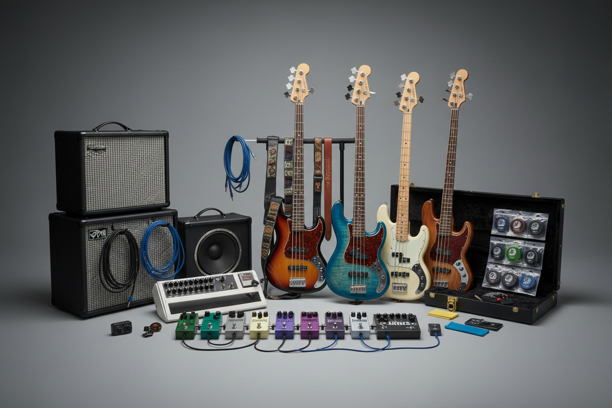 Bassi strumenti vari tipi, equipaggiamento e accessori