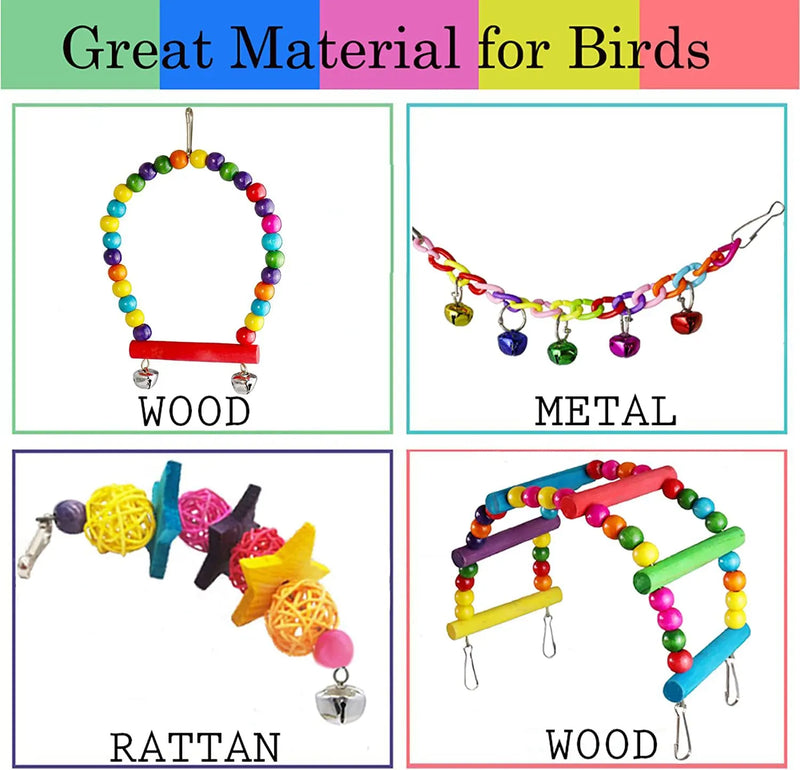 Set di 7 giocattoli per pappagalli e accessori per gabbie per uccelli.