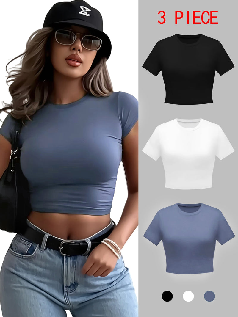 3 Magliette Donna Tinta Unita, T-shirt Casual Collo Tondo Slim Fit Maniche Corte, Tessuto Elastico in Poliestere, Lavabile in Lavatrice, Tessuto Liscio, Scelta Perfetta per Primave