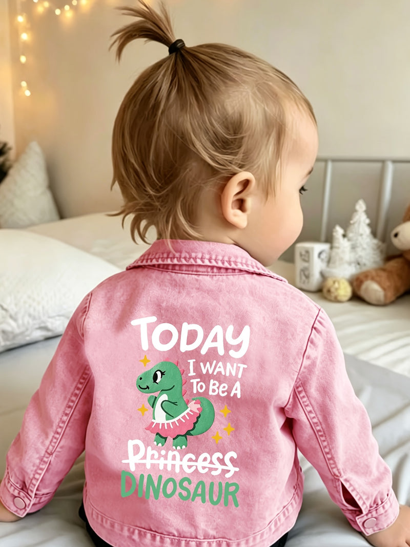 Giacca di jeans casual da bambina 1 pz, con stampa "Oggi voglio essere una principessa dinosauro" e principessa dinosauro cartone animato, giacca casual con risvolto, top di jeans