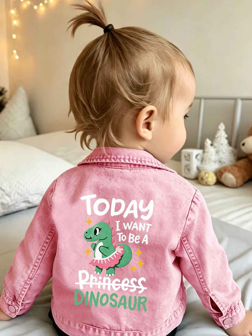 Giacca di jeans casual da bambina 1 pz, con stampa "Oggi voglio essere una principessa dinosauro" e principessa dinosauro cartone animato, giacca casual con risvolto, top di jeans