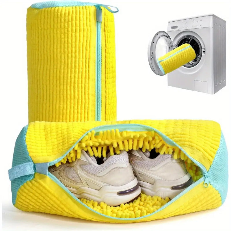 2 pezzi (Borsa per scarpe gialla + Scarpiera) Borsa durevole monopezzo per lavatrice per scarpe. Internamente imbottita con abbondante tessuto felpato e di ciniglia per ridurre il