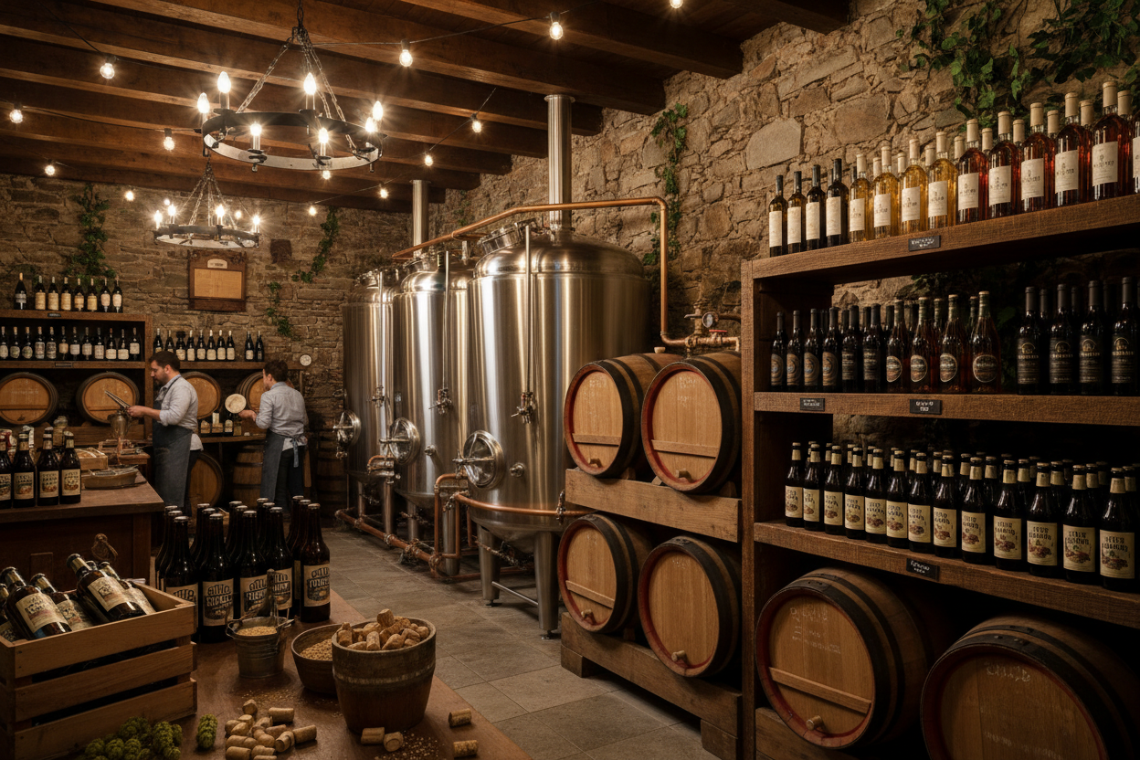 produzione-di-birra-e-vino-artigianali in cantina con borri, contenitori e bottiglie di birra e vino