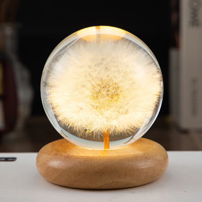 LED Night Light Flower Crystal Ball Children Night Lamp with Woodern Base Bedroom Ambient Light Creative Gift Night Light