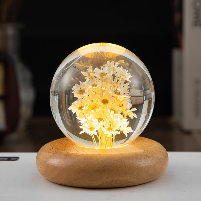 LED Night Light Flower Crystal Ball Children Night Lamp with Woodern Base Bedroom Ambient Light Creative Gift Night Light