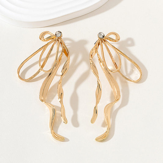 Irregular Large Bow Earrings for Women Tassel Streamer