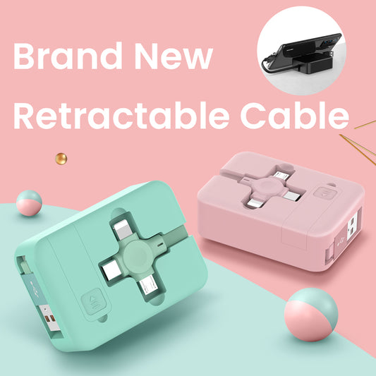 4 in 1 Retractable USB Cable Creative Macaron Type C Micro Cable for I Phone with Phone Stand Charging Data Cable Line Storage Box