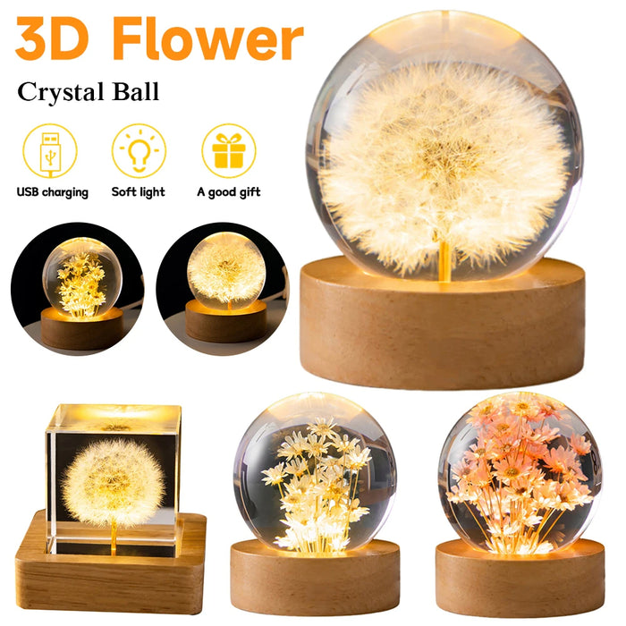 LED Night Light Flower Crystal Ball Children Night Lamp with Woodern Base Bedroom Ambient Light Creative Gift Night Light