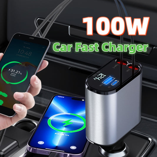 Metal Car Charger 100W Super Fast Charging Car Cigarette Lighter USB and TYPE-C Adapter