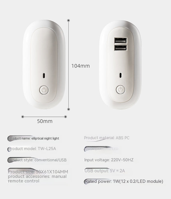 Oval Small Night Lamp with Dual USB Charging Port Remote Control Timing Plug-In Wall