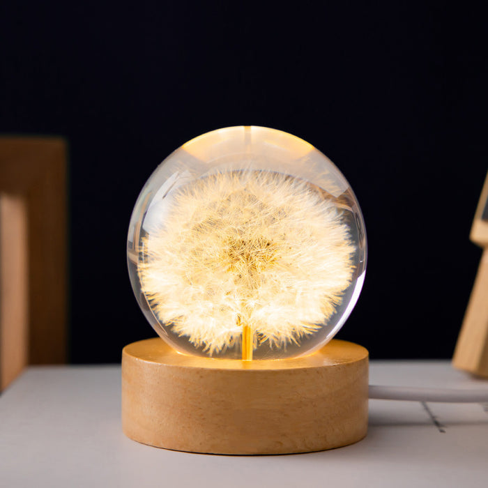 LED Night Light Flower Crystal Ball Children Night Lamp with Woodern Base Bedroom Ambient Light Creative Gift Night Light